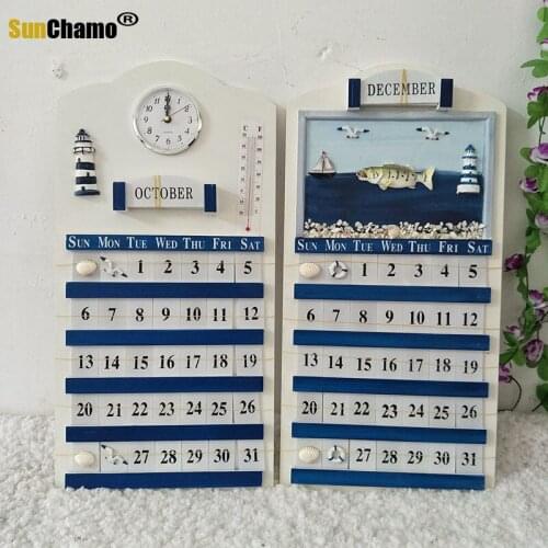 1 pcs Mediterranean Style Blue And White Classic Solid Wood Perpetual Calendar Furnishings Decoration