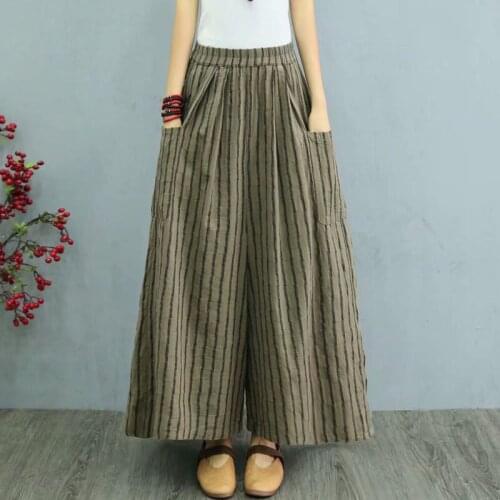 2019 New Womens Spring Retro Vertical Stripes Cotton Linen Casual Pants Women Elastic Waist Wide Leg Pants Loose Trousers f2005