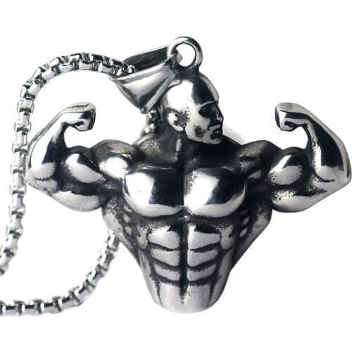 2020 New Exaggerated Strong Figure Pendant Necklace Mens Gold Bodybuilding Arm Muscle Statue Pendant Necklace