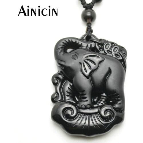 5pcs Natural Black Semi-precious Stone Carved Elephant 6mm Handmade Beads Chain 18~24 Inches Pendant Necklace For Women