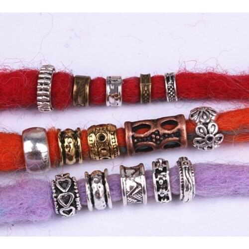 10Pcs Retro Silvery Dreadlock Beads Different 15 Style Braid Cuffs Clip Beads Unadjustable Hair Rings 5-7mm Inner Hole Jewelr