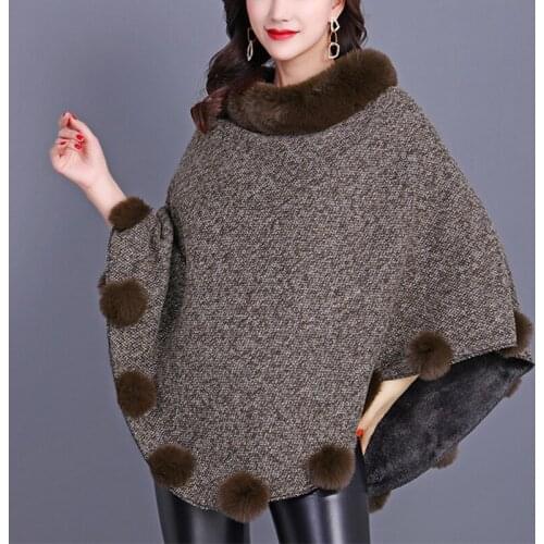 6 Color Plus Velvet Warm Pullover 2021 Winter Faux Fox Fur Out Street Wear Women Capes Solid Poncho Knitted O Neck Fur Sweater