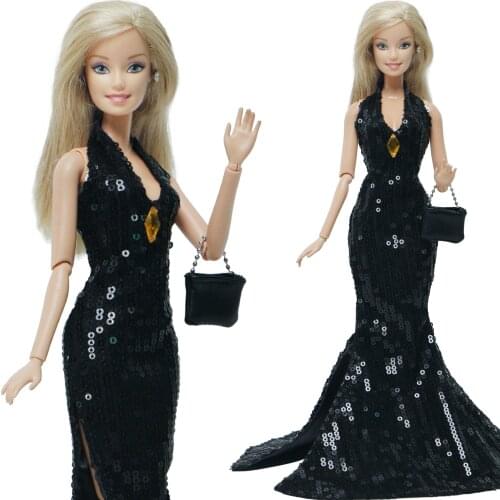 BJDBUS Handmade Black Doll Dress Evening Party Gown Elegant Princess Mermaid Skirt Sequin Clothes for Barbie Doll DIY House Toys