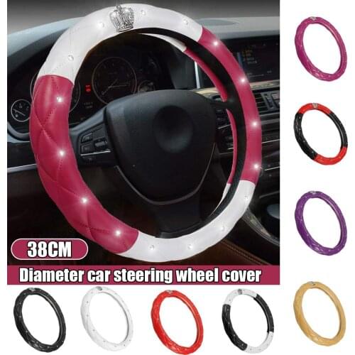 38cm Car Steering Wheel Covers PU Leather Diamond Crystal Crown Styling Auto Steering-Covers Cases Fashion Interior Accessories