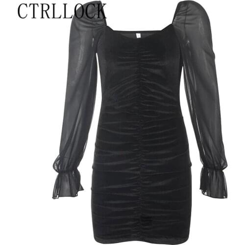 CTRLLOCK Gothic Lolita Women Velvet Dress Square Collar Mesh Lantern Sleeve High Waist Ruched Dresses Female Vestidos