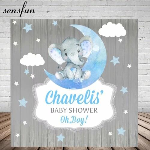 Sensfun Elephant Boys Baby Shower Backdrop Blue Moon Stars Clouds Grey Wood Children Birthday Party Photography Backgrounds