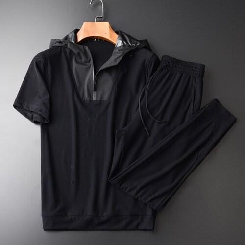 21C Mesh Men Sets Plus Size 4xl Luxury Hooded Short Sleeve Man Sets (T-SHIRTS+PANTS) Summer 2-piece Thin Casual Mans Sets