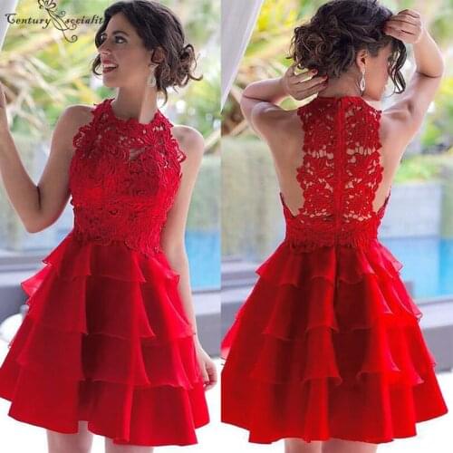 Red Short Homecoming Dresses 2020 Lace Appliques Tiered Skirt Above Knee Prom Party Gowns Cocktail Dress Graduation Dress Cheap
