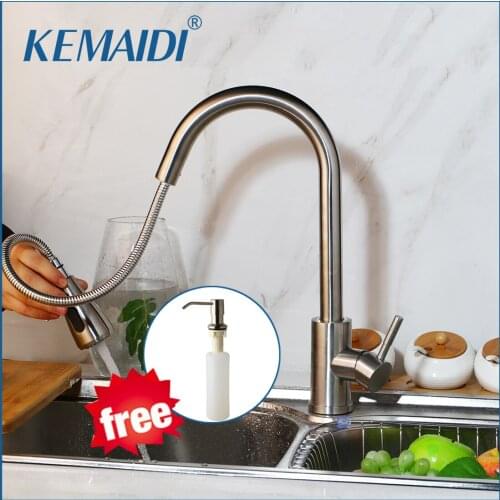 KEMAIDI Kitchen Faucet Brushed Nickel /Black/Chrome / Swivel Mixer Tap Pull Out Spray Kitchen Tap Mixer With Free Soap Dispenser