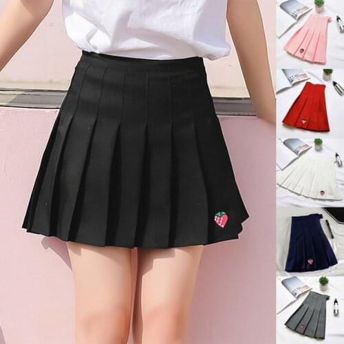 Hot kf-Summer New A-Line Women Skirt High Waist Strawberry Embroidery Pleated Skirt Women Safety Pants Mini Skirt