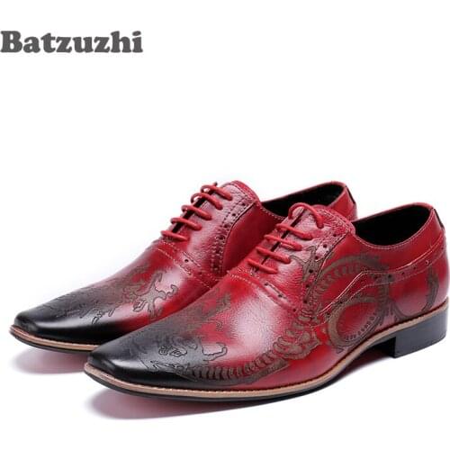 High Quality Men Oxfords Shoes British Style Carved Genuine Leather Shoes Wine Red Brogue Lace-Up Bullock Business Mens Flats