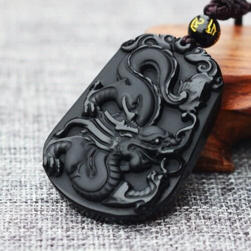 Mens Pendant Necklace Natural Black Obsidian Carved Chinese Dragon Pendant Can Bring Lucky Peace Gift for Men Fashion Jewelry