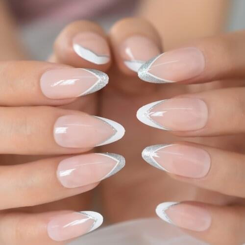 Natural French Nail Tips Silver V-collar Stiletto Press On Nails Acrylic Fake Medium Almond Glitter False Nails 24 PC set