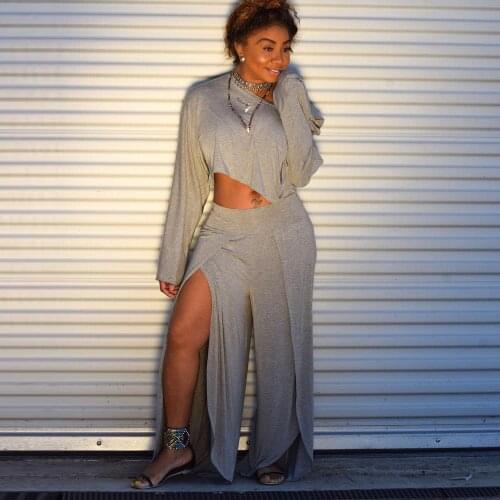 Solid Casual Loose Club Outfit Women High Split Wide Leg Pants and Long Sleeve Top Night Party Clubwear 2021 Fashion Streetwear