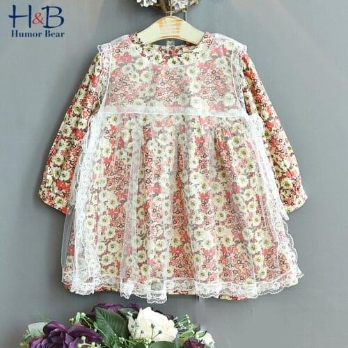 Humor Bear Girls Dress New Spring Autumn Long Sleeve Floral Printed PrincessParty Dress + Lace Mesh 2pcs Toddle Clothes