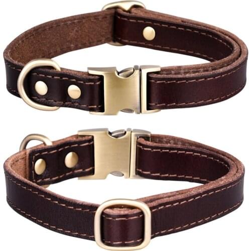 Adjustable Cowhide Leather Dog Collar Durable Vintage Heavy-duty Rustproof Double D-Ring Pet Collars