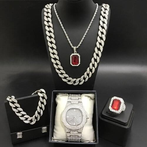 Luxury Men Silver Color Watch & Necklce & Braclete & Ring & Earrings Combo Ice Out Cuban Crystal Miami Necklace Hip Hop For Men