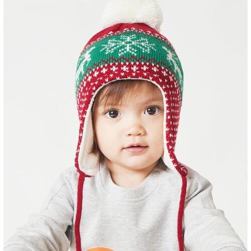 Christmas Baby Winter Pompom Hat Cotton Knit Kids Beanie Hats for Boys and Girls with Fleece Lining Bomber Caps for Children