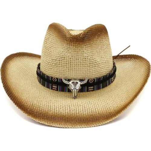 2019 Brown Spray Paint Bull Head Decor Women Panama Style Hat Ribbon Bows Wide Brim Visor Caps unisex Cowboy Straw Fedora Hat