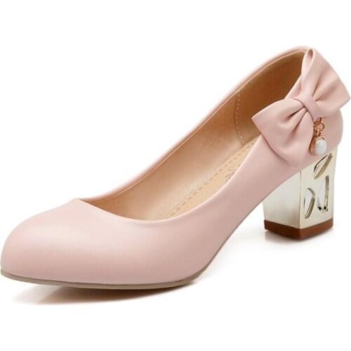 Big Size Round head bow decorated shoes ladies high heels women shoes woman pumps