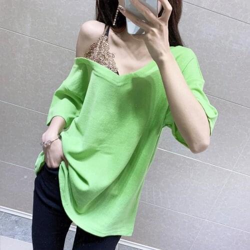 2019 Summer Women Leopard Patchwork Cotton Shirts Female Short Sleeve Off Shoulder Sexy Blouse Lady V Neck Asymmetry Shirt Z394