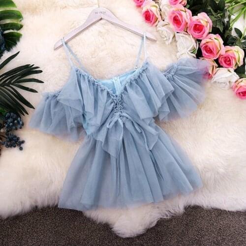 2019 summer autumn new womens V collar ruffles flare sleeve waist gauze blouse shirts female V neck lace-up mesh shirt tops