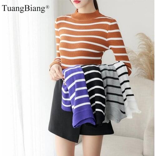 Ladies Knit Blue White Striped Sweater Basic Women Casual Full Sleeve Pullovers Turtleneck Khaki Slim Tops elastic jumpers 2019