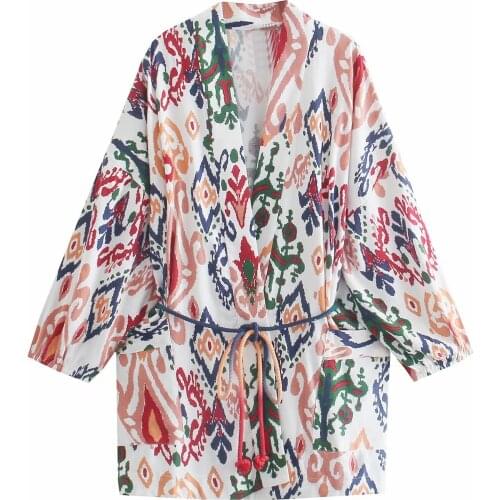 Fad Women Vogue With Belt Printed Kimono Style Coat With Pocket Long Sleeves V-Neck Vintage Female Cardigan Chic Tops