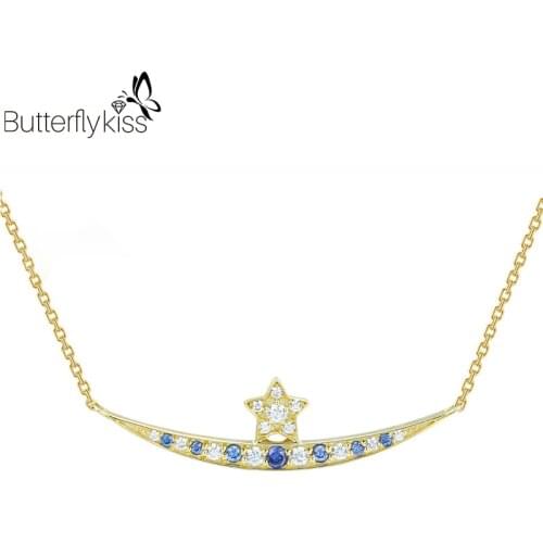 BK 9K Genuine Gold 585 Pendants Necklace For Women Vintage Romantic Pentagon Star Moon Tanzanite Zircon Party Fine Jewelry Gifts