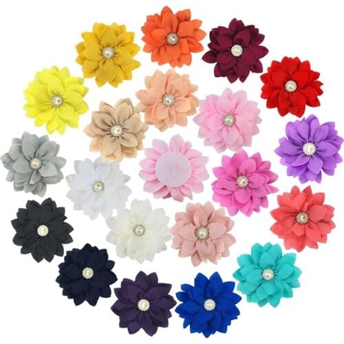 40 Pcs/Lot, 3.5 inch Handmade Fabric Flower With Pearl and Rhinestone Center For DIY Shoes Corsage Dress Hair Accessories