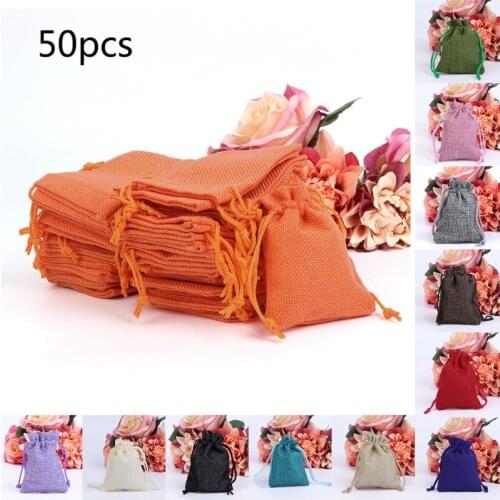 50Pcs/Bag Vintage Natural Jute Hessian Drawstring Pouch Burlap Wedding Favor Gift Bag