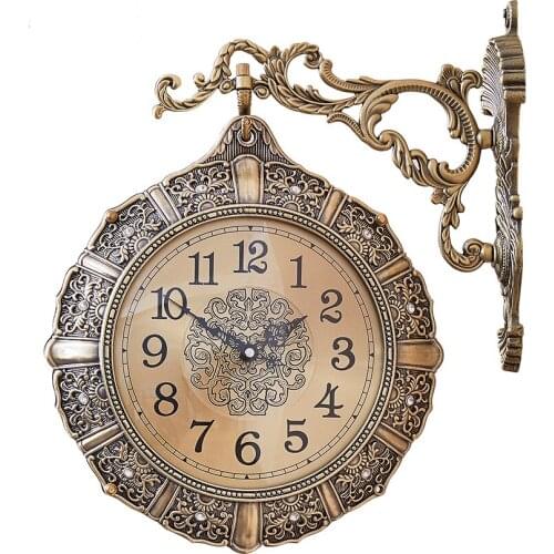 Retro Silent Wall Clock Metal Round European Style Living Room Luxury Spin Wall Clock Double Sided Reloj Pared Home Decor DG50WC