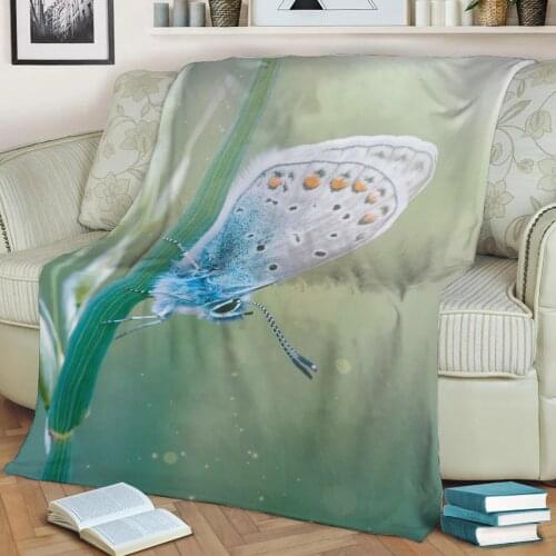 Blue Butterfly on Grass Flannel Throw Blanket 3D Printed Keep Warm Sofa Child Blanket Home Decor Textiles Dream Family Gift