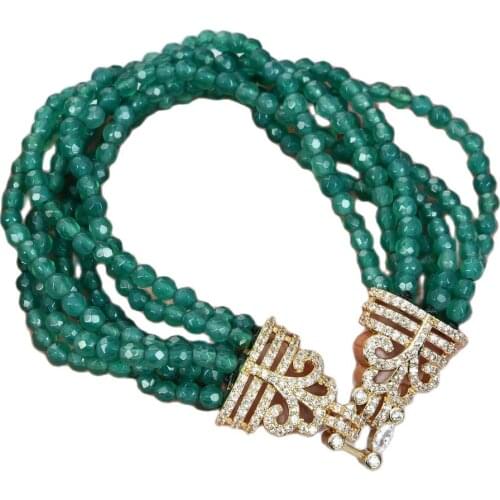 JK 7 Rows Green Agate Gems Stone Bracelet Cz Clasp For Women