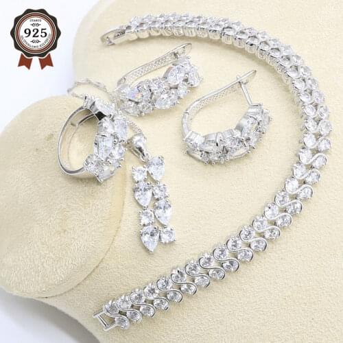 Classic White Zircon Silver Color Jewelry Set for Women with Bracelet Hoop Earrings Necklace Pendant Ring Gift Box
