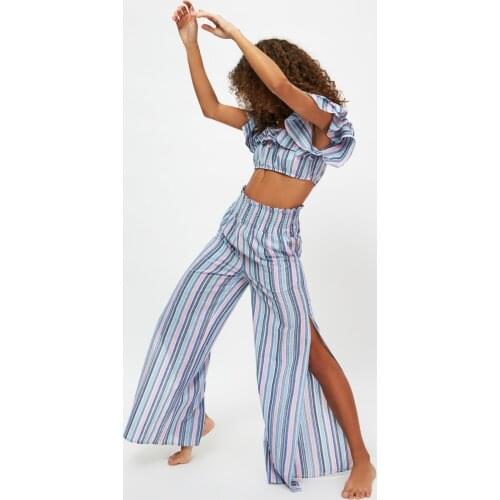 Colorful Striped Gipeli Bottom Top Suit two-Piece Summer Tracksuit Suits Lady Clothes Boho Beach Style Loose Wide Leg Pants