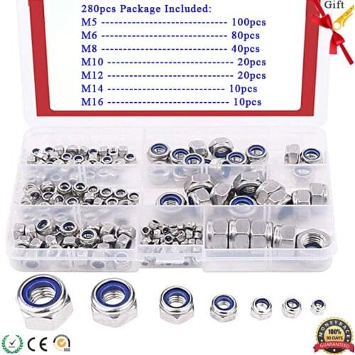 Metric 304 Stainless Steel Lock Nut Assortment 280 Pcs M14 M16 M8 M10 M12 Nylon Insert Lock Nuts Nylon Insert Hex Lock Nuts