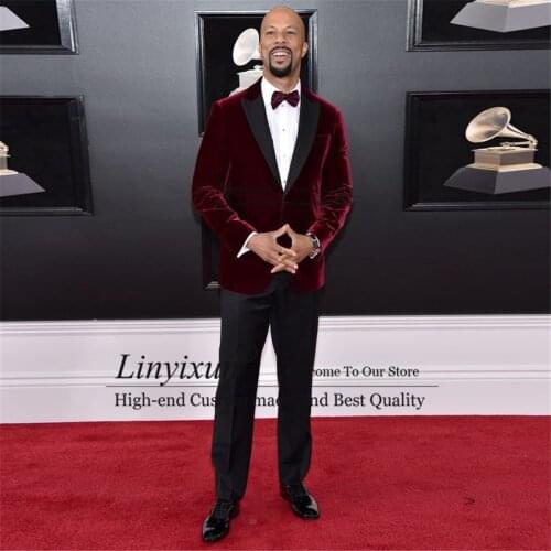 Red Burgundy Men Suit Slim Fit 2 Piece Jacket Pants Peaked Lapel Formal Tuxedos Wedding Bridegroom Velvet Prom Blazers masculino