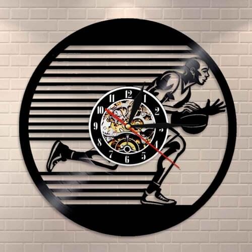 Vinyl Record Wall Clock Basketball Players Silhouette Wall Art Silent Hanging Watch Slam Dunk Basketball Home Decor Sports Gift