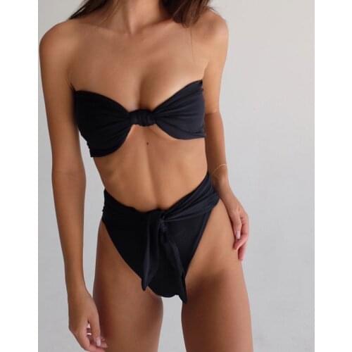 New Arrival 2020 Wave Point Small Fresh High Waist Gathered Swimsuit Womens Split Swimsuit 2 Piece Set Women