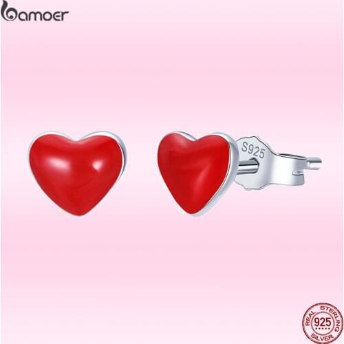 Bamoer Genuine 925 Sterling Silver Red Heart Shape Ear Studs for Women Gift Simple Summer All-Match Party Jewelry Bijoux VSE147