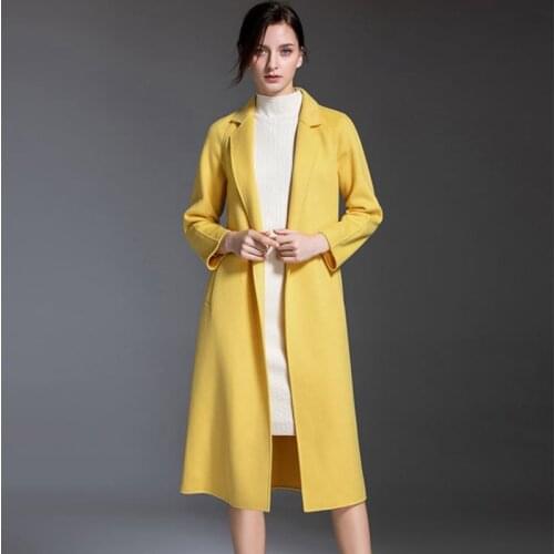 Woolen Female Double faced cashmere Overcoat V-neck Waistband Coats With Belt Long topcoat Winter coat yellow Medium Overcoat