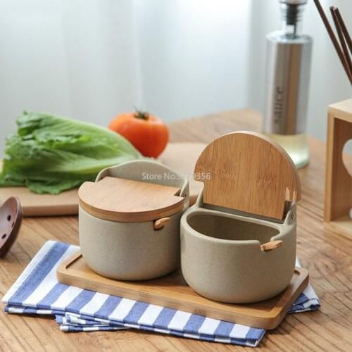 Japanese-style Gray Ceramics Spice Jar Sugar/salt Jar Suit Kitchen Storage Seasoning Tool with Lid