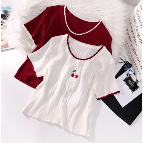 Wave Hit Color Thin Knit Short-Sleeved T-Shirt Womens Summer 2021 Korean Version of Cherry Embroidery All-Match Slim Short Top