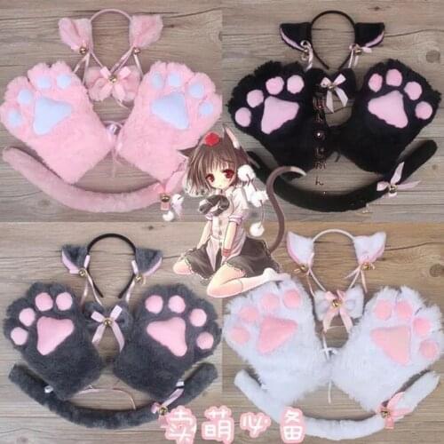 Women Lady Cat Girls Plush Ear Bell Headband Tie Tail Paws Maid Fancy Dress Party Props Cosplay Costume Halloween Christmas