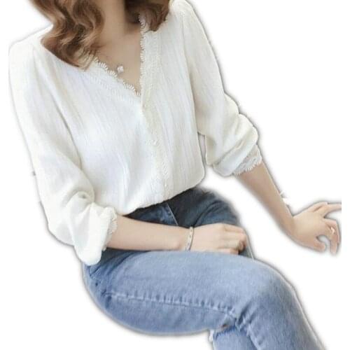 Korean Style Women Lace Blouses 2019 New Sweet Spring Autumn Women Short Shirts V-Neck Blouse Mujer Long Sleeve Slim Tops Q1194