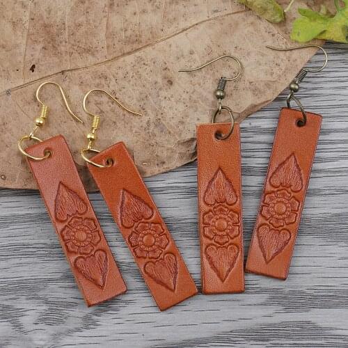 Genuine Leather Earring Vintage Rectangle Carving Long Drop Dangle Earrings for Women Jewelry Findings