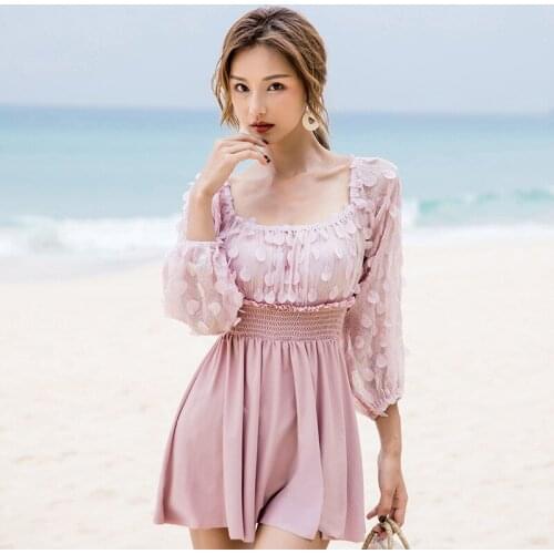 Womens Swimwear One-Piece Swimsuit Women 2020 Bikini One Piece New Lady Fairy Fan Ins Solid Polyester Swimsuit Ladies