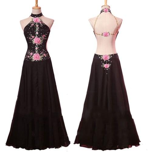 Ballroom Dance Competition Dress Women Performance Clothing Black Long Dress Large Skirt Peony Embroidery Prom Party Waltz Dress