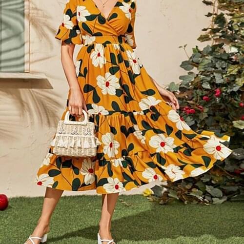 Women Summer Chiffon Floral Print Long Dress V Neck Beach Short Flare Sleeveless Spring 9102